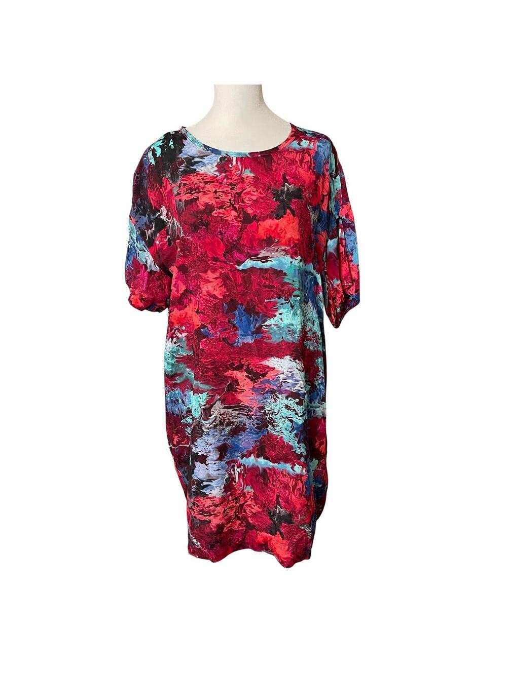 The Kit Womens Small Tunic Mini Dress Short Sleeve Boxy Watercolor Print Pockets